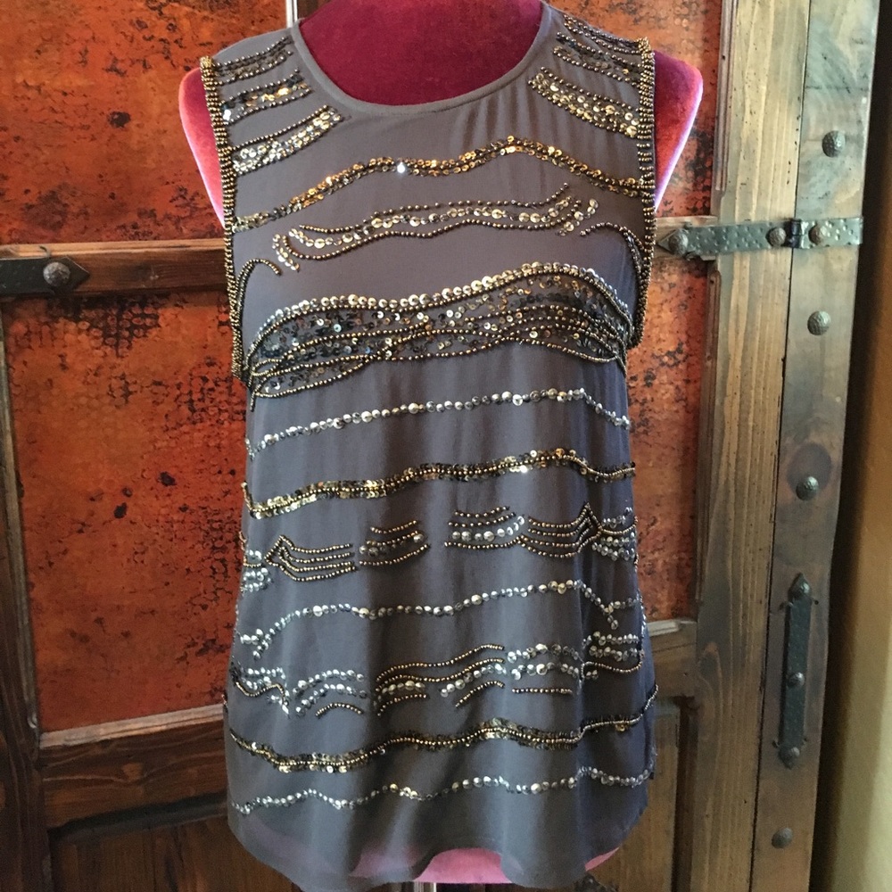 Gray Buckle Beaded Tank Top with Sheer Overlay